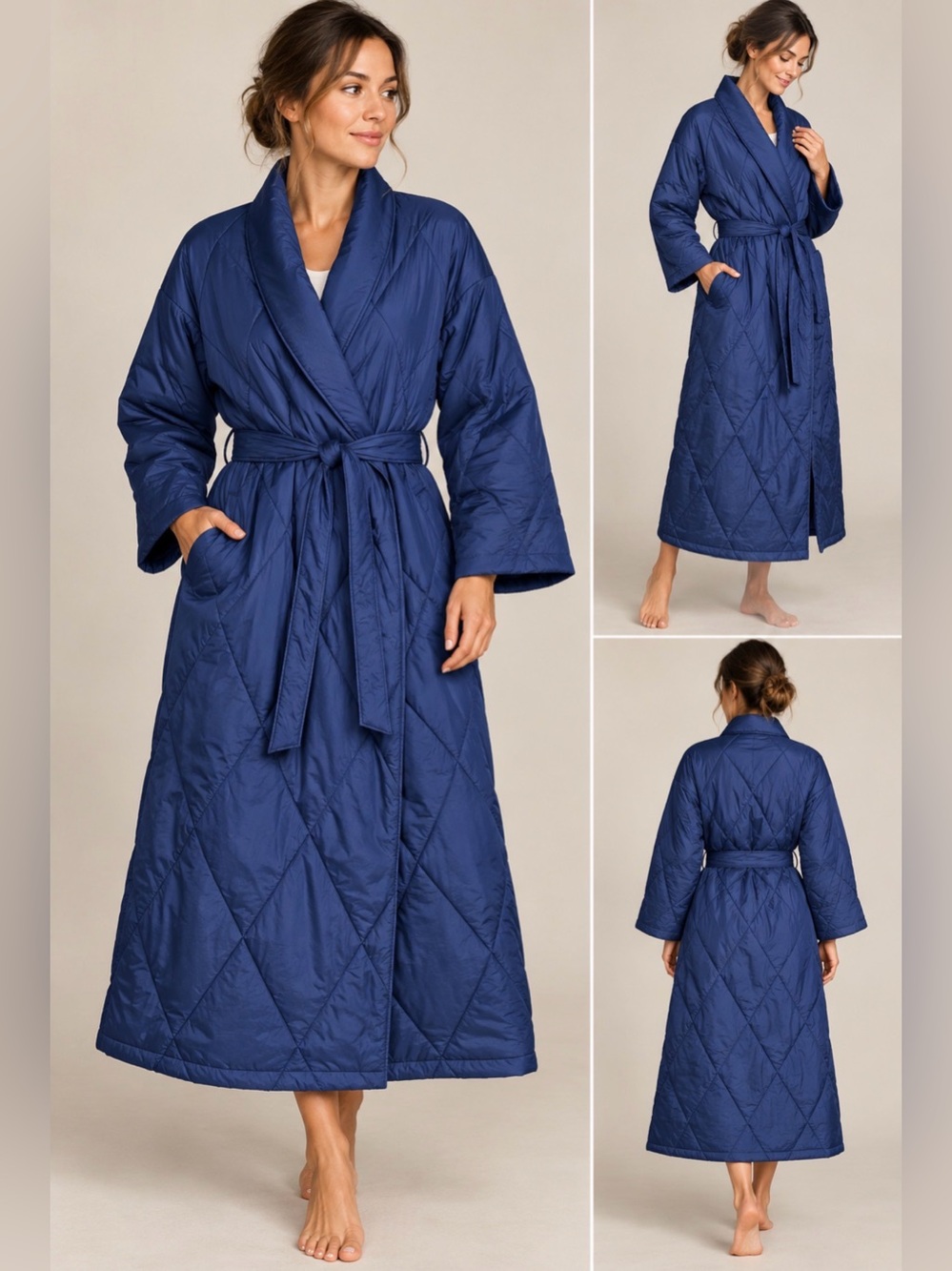 $340 WARM THINGS Navy Quilted 550 Down 300ct Sateen Cotton Luxury Robe M 12-14